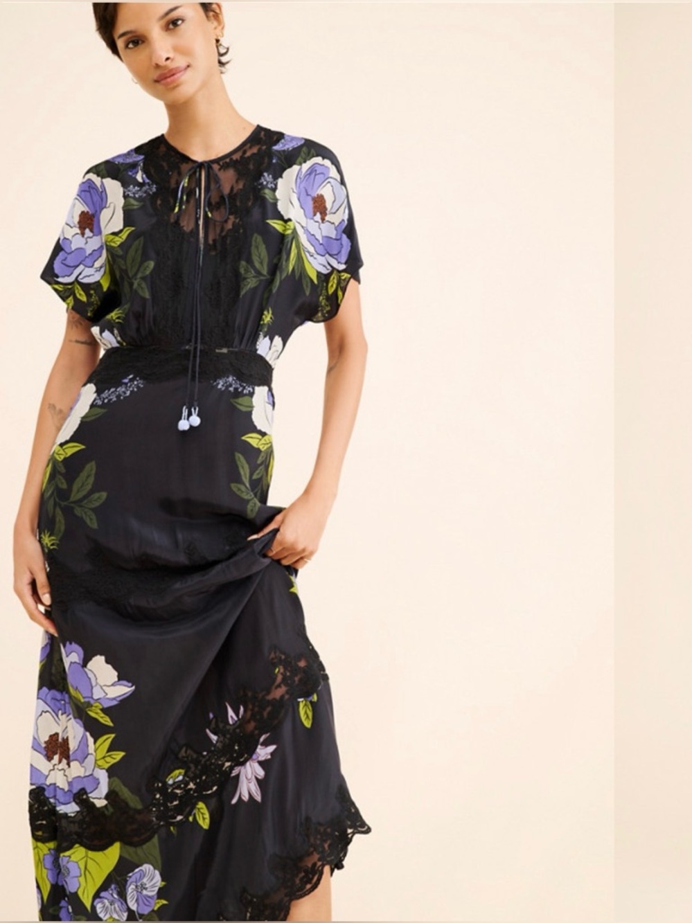 Farm Rio Soft Garden Black Laces Short Sleeve Maxi Dress